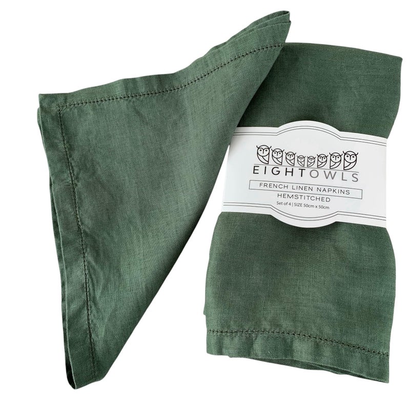 Eight Owls Hemstitched Linen Napkins â€“ 20 Inch x 20 Inch â€“ Stonewashed Pure Linen Cloth Dinner Napkins with Mitered Corners - 100% French Flax â€“ Machine Washable - Set of 4 (Soft Rustic Green) - Image 1